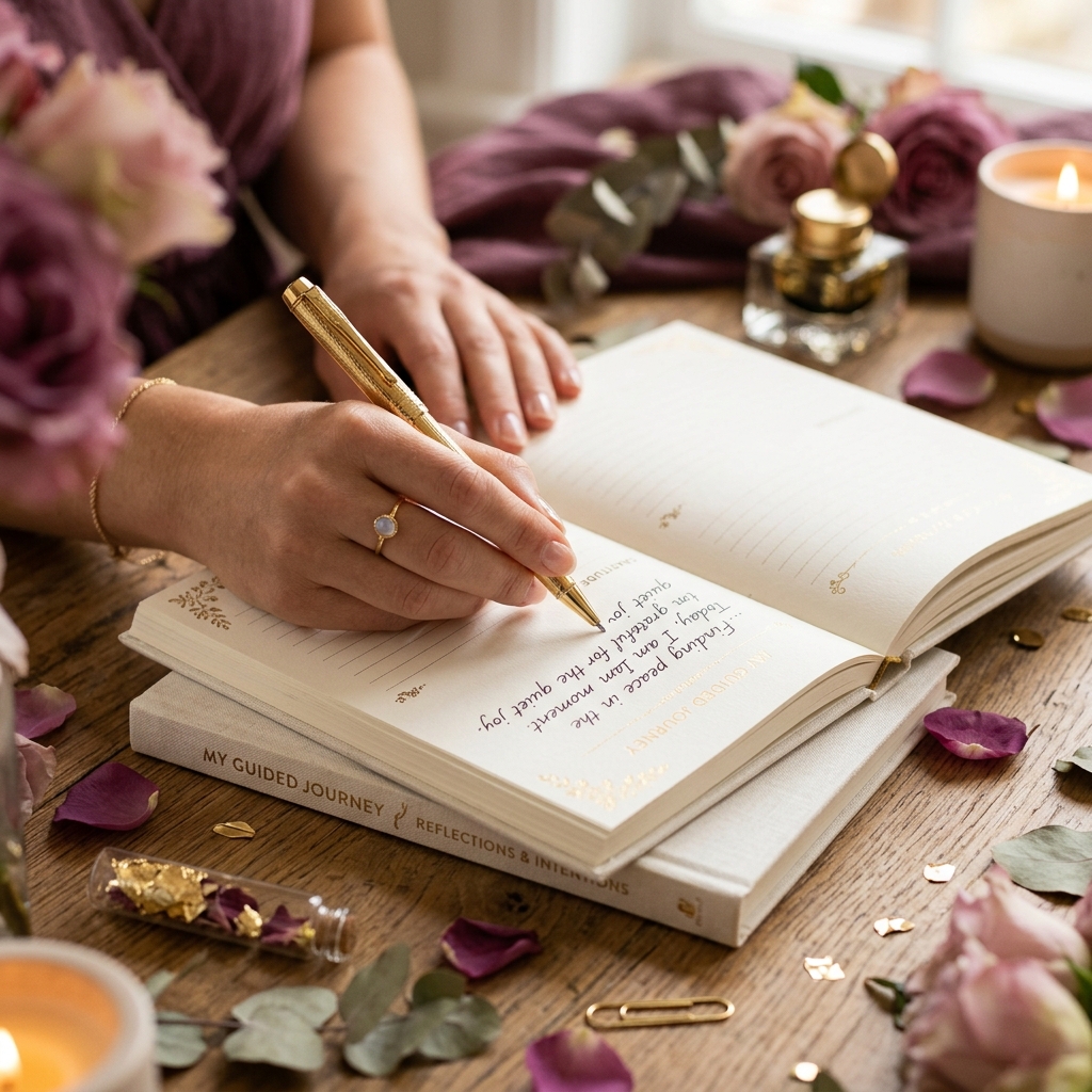 Woman Writing Elegantly on Journal Page with a Gold Pen
